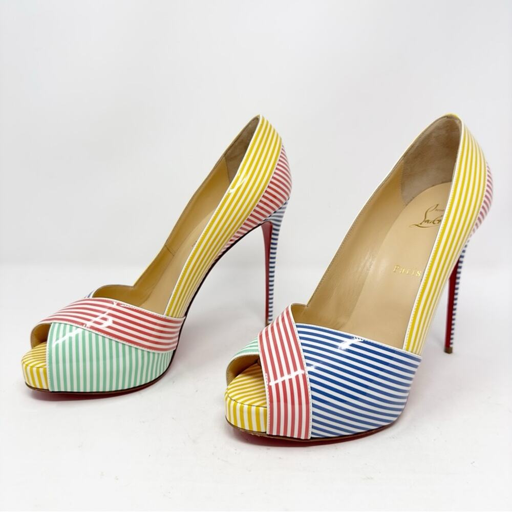 Christian Louboutin Marine Alta Patent Stripe Platform Heels Womens Size EU 39.5